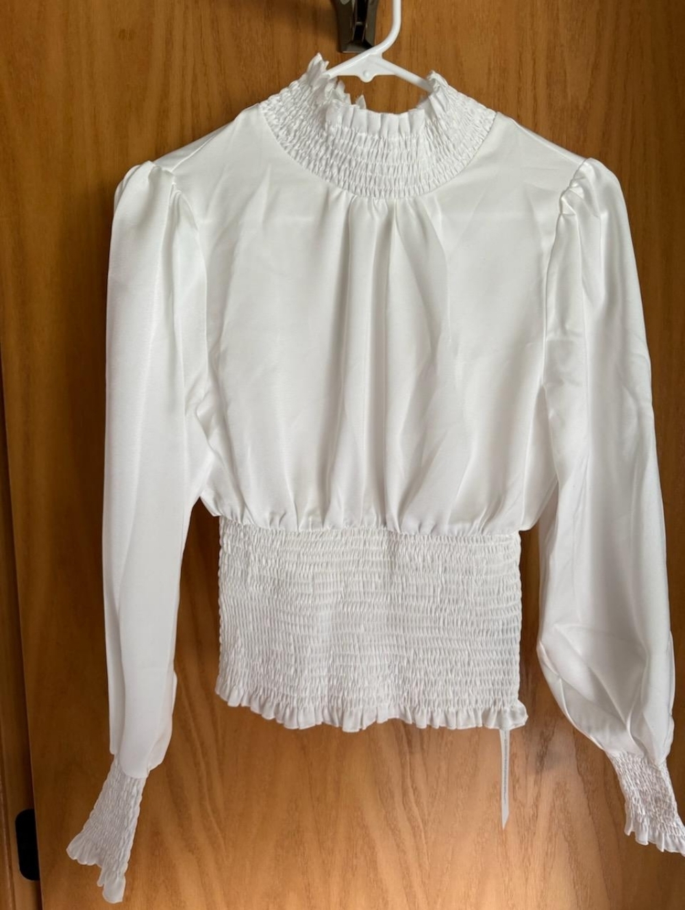 NEW Lyaner Shirred Frill Mock Neck Smocked Puff Long Sleeve Blouse Top Sz XS
